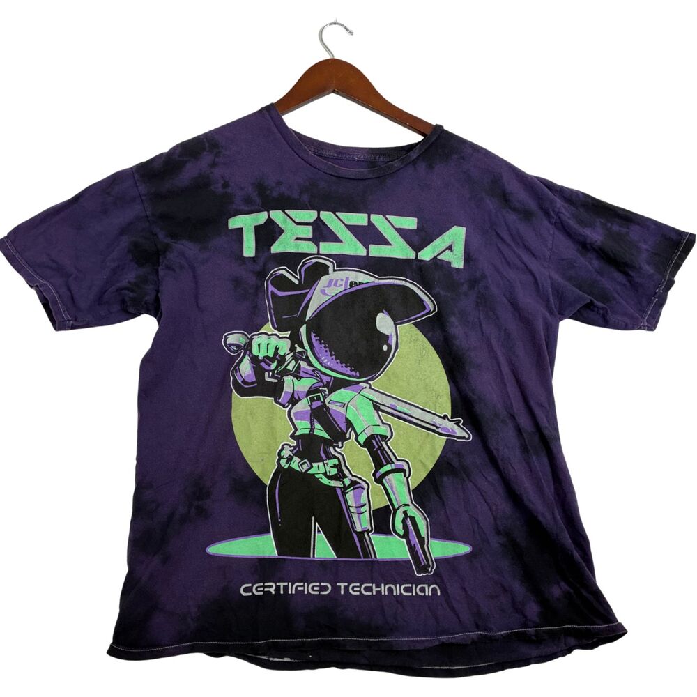 Murder Drones Tessa Certified Technician Shirt Adult L Purple Tie Dye Glitch